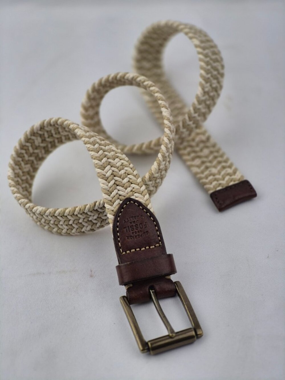 Fossil Kyle Khaki Belt Braided Rope & Leather Trim Adjustable Cream Tan Size 34